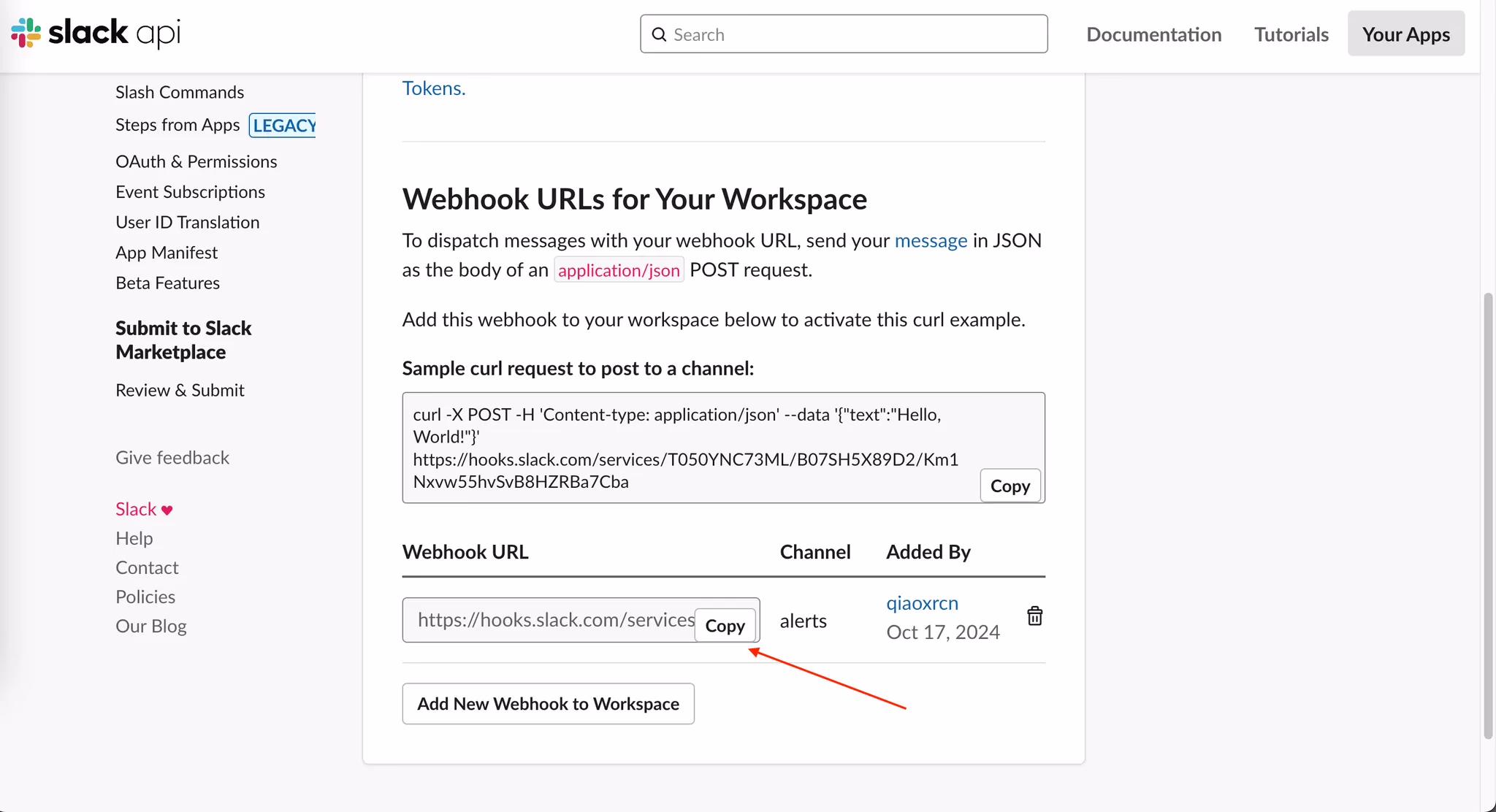 Copy Webhook URL